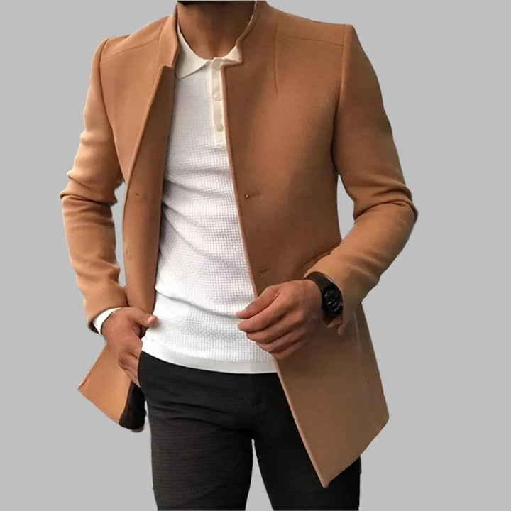 Heren Slim-Fit Wollen Overjas Elegante Staande Kraag - Karamel