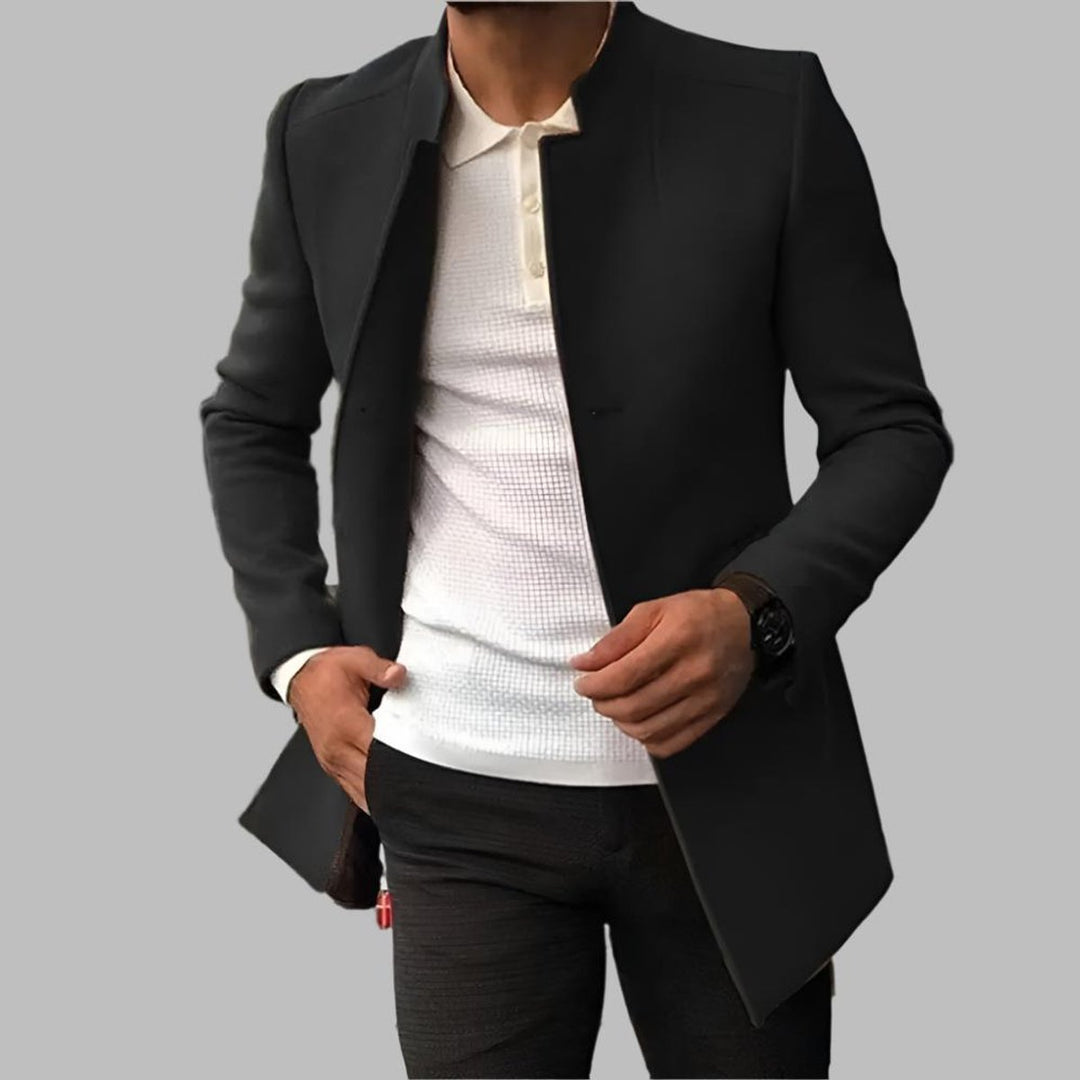 Heren Slim-Fit Wollen Overjas Elegante Staande Kraag - Zwart