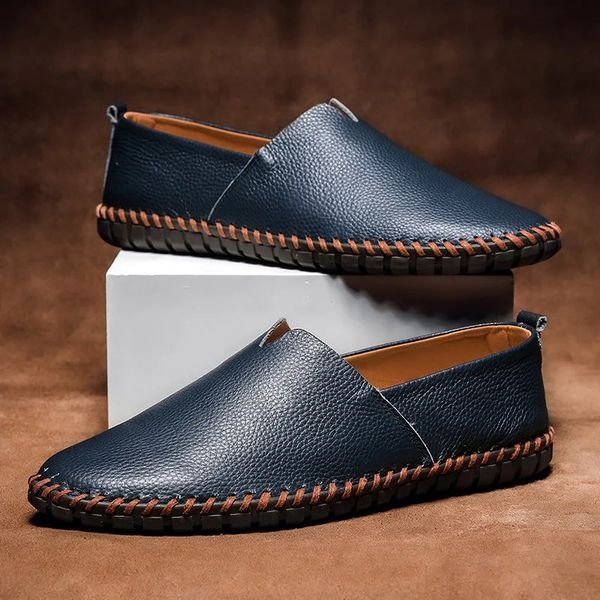 Heren Slip-On Loafers Leren Look Whipstitch Instappers - Navy