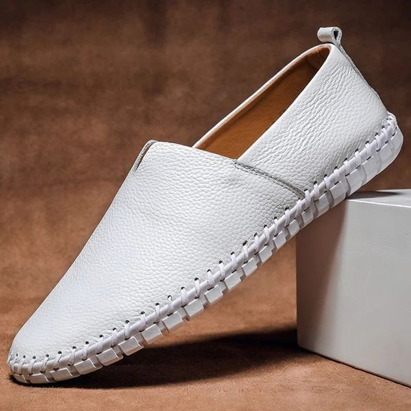 Heren Slip-On Loafers Leren Look Whipstitch Instappers - White