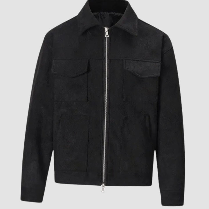 Heren Suède-Look Trucker Bomberjack met Rits en Borstzakken - Zwart