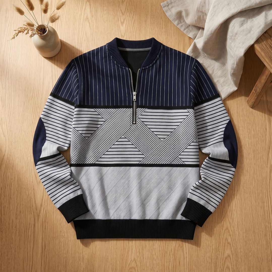 Heren Trui met Rits Geometrisch Gestreepte Half-Zip Pullover - Zwart