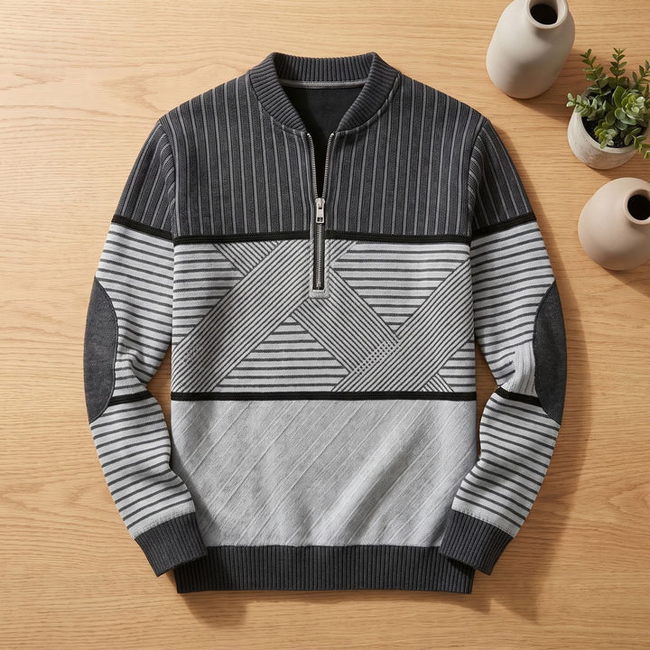 Heren Trui met Rits Geometrisch Gestreepte Half-Zip Pullover - Grijs
