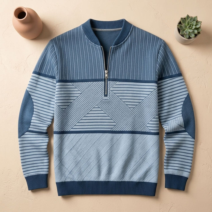 Heren Trui met Rits Geometrisch Gestreepte Half-Zip Pullover - Blauw