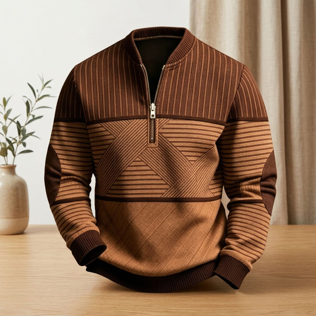 Heren Trui met Rits Geometrisch Gestreepte Half-Zip Pullover - Bruin