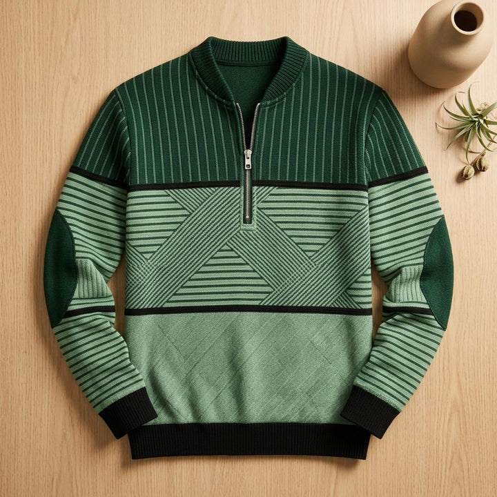 Heren Trui met Rits Geometrisch Gestreepte Half-Zip Pullover - Groen