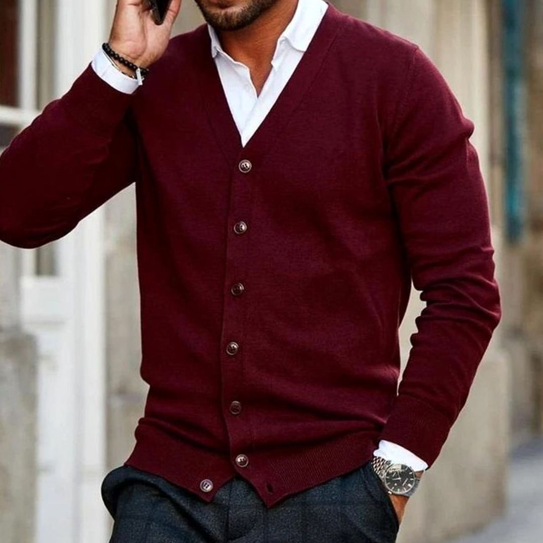 Heren V-hals Gebreide Vest met Knoopsluiting Slim Fit - Donkerrood