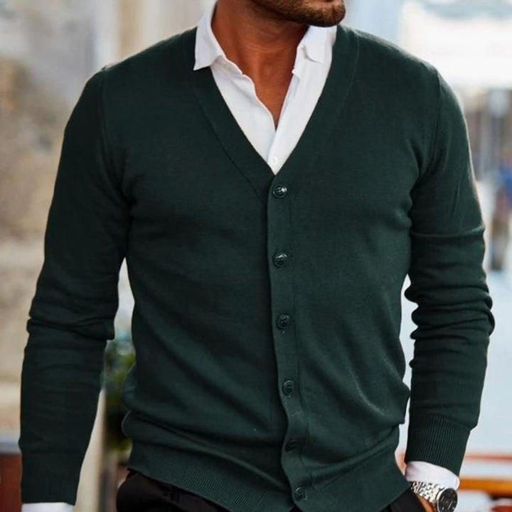 Heren V-hals Gebreide Vest met Knoopsluiting Slim Fit - Donkergroen