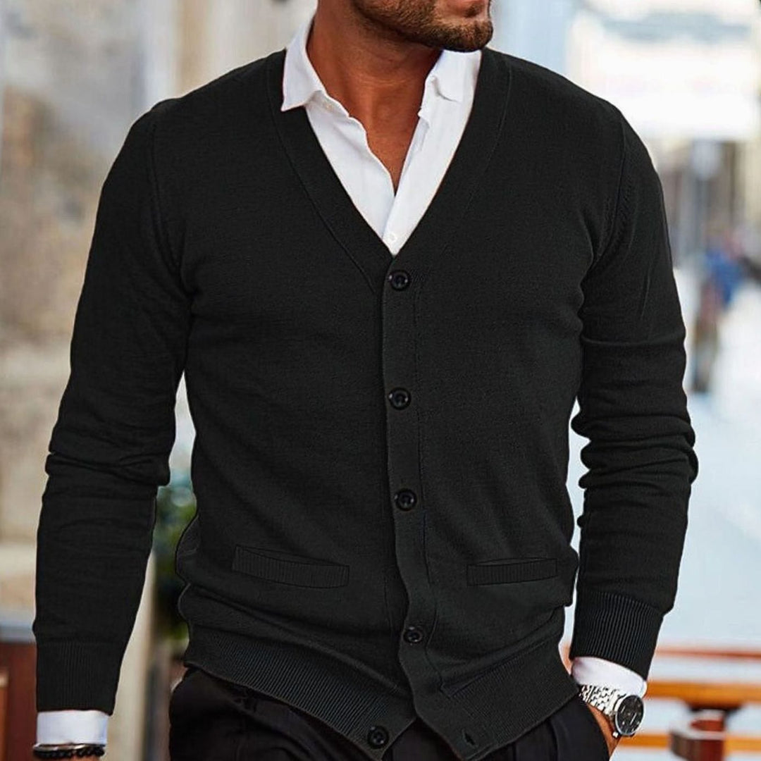 Heren V-hals Gebreide Vest met Knoopsluiting Slim Fit - Zwart