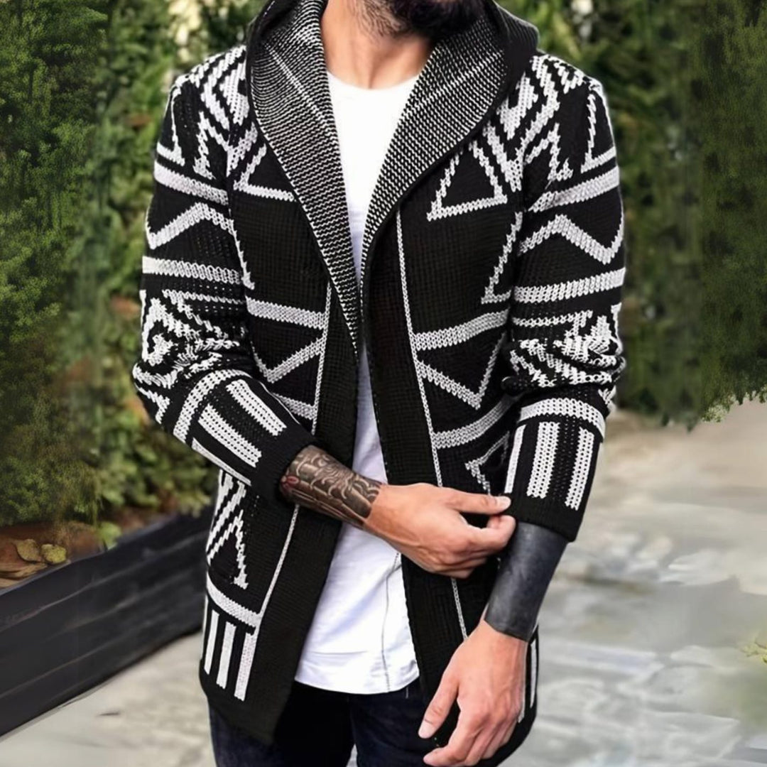 Heren vest gebreid retro geometrisch patroon met capuchon - Zwart