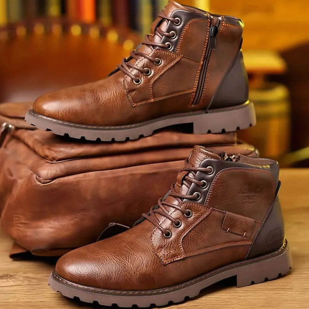 Heren Veterboots Leren Enkellaarzen Rits Profielzool - Bruin