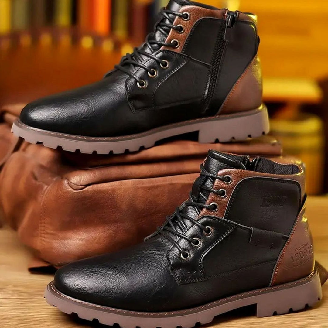 Heren Veterboots Leren Enkellaarzen Rits Profielzool - Zwart