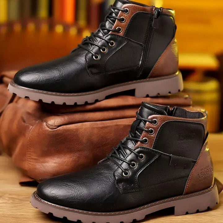 Heren Veterboots Leren Enkellaarzen Rits Profielzool - Zwart