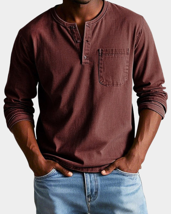 Heren Vintage Langarm Henley Shirt met Borstzak - Rood