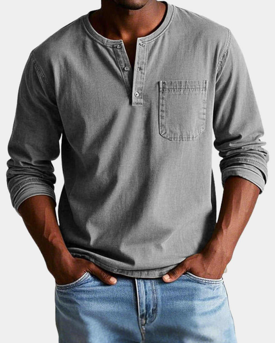 Heren Vintage Langarm Henley Shirt met Borstzak - Grijs