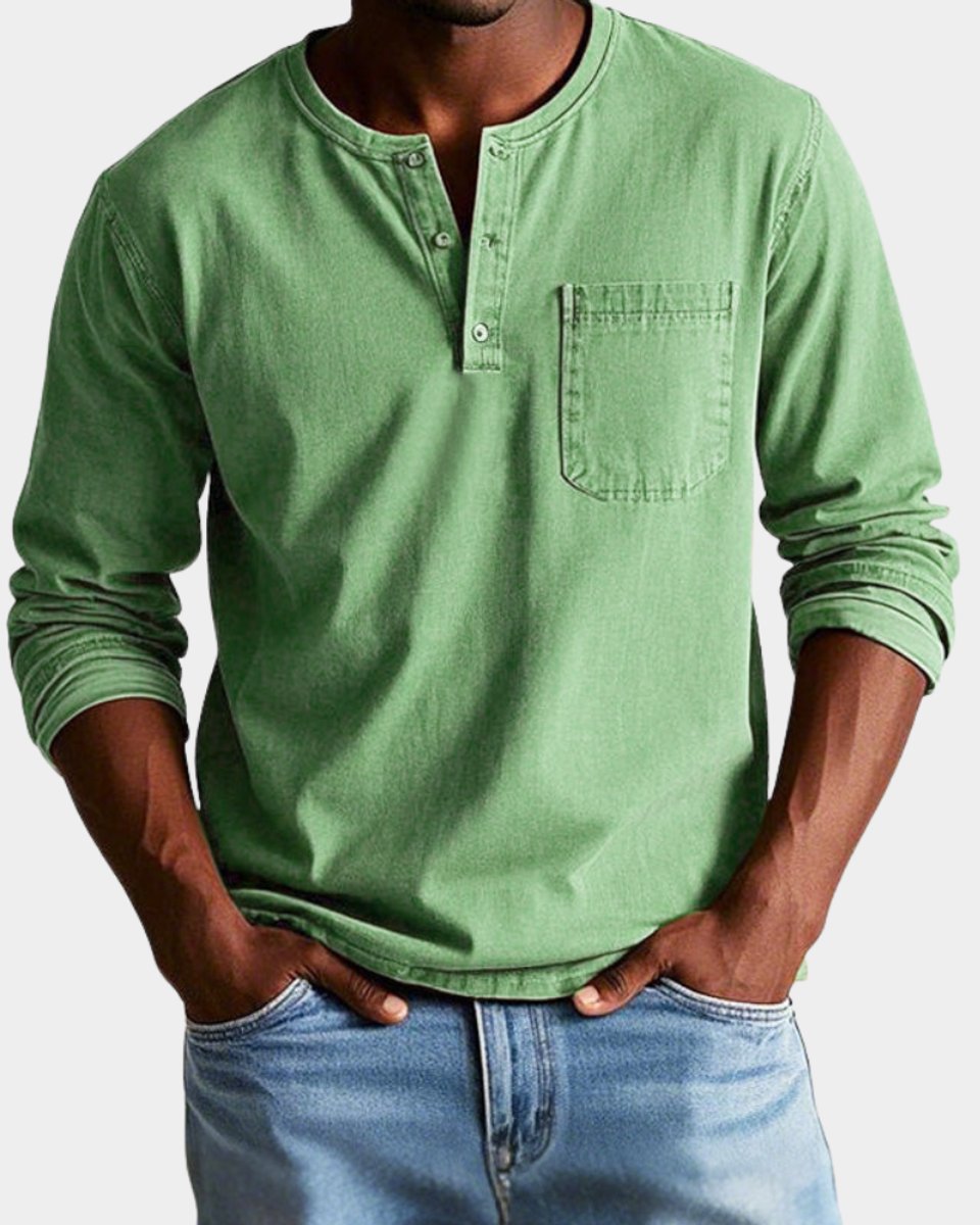 Heren Vintage Langarm Henley Shirt met Borstzak - Groen
