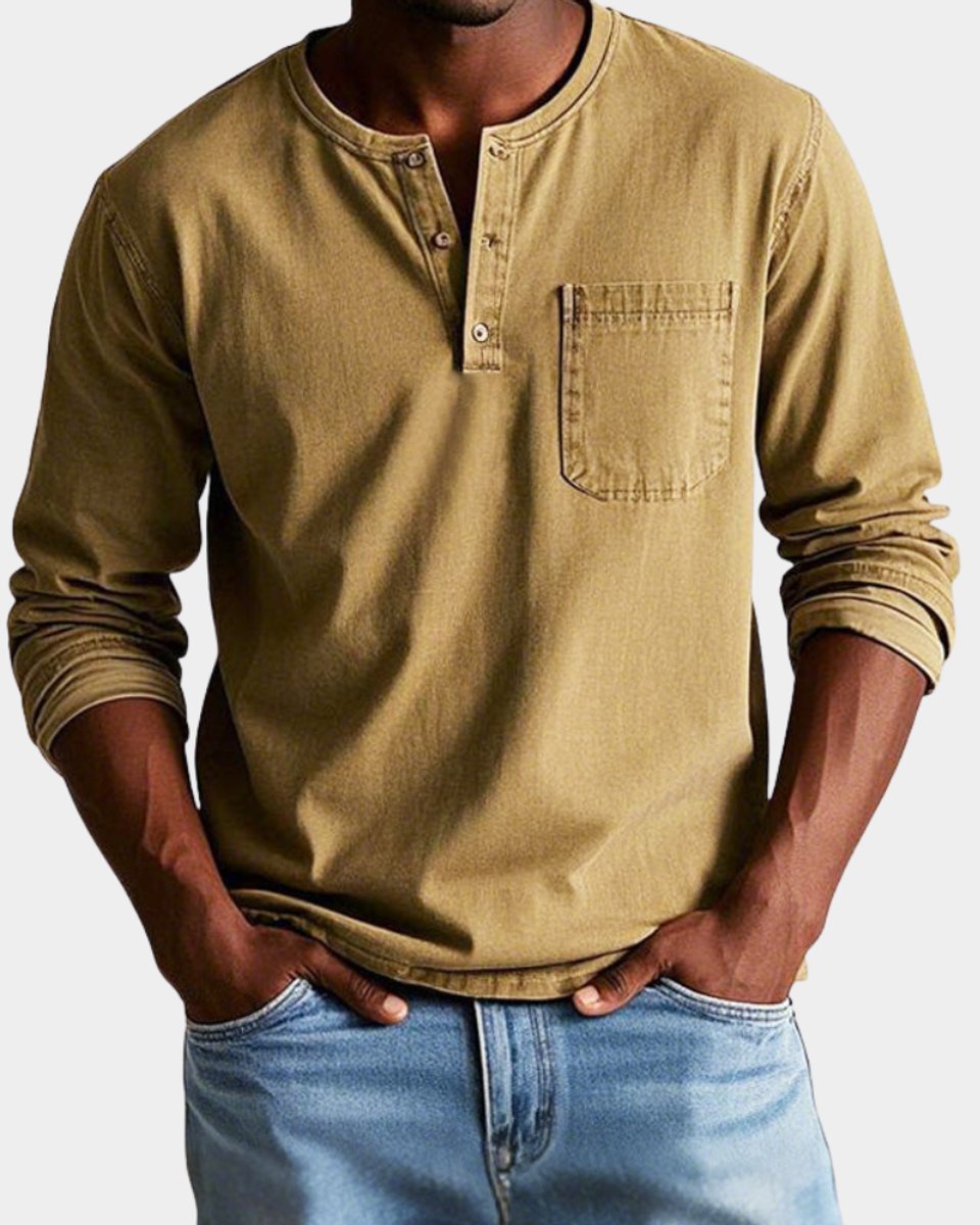Heren Vintage Langarm Henley Shirt met Borstzak - Khaki