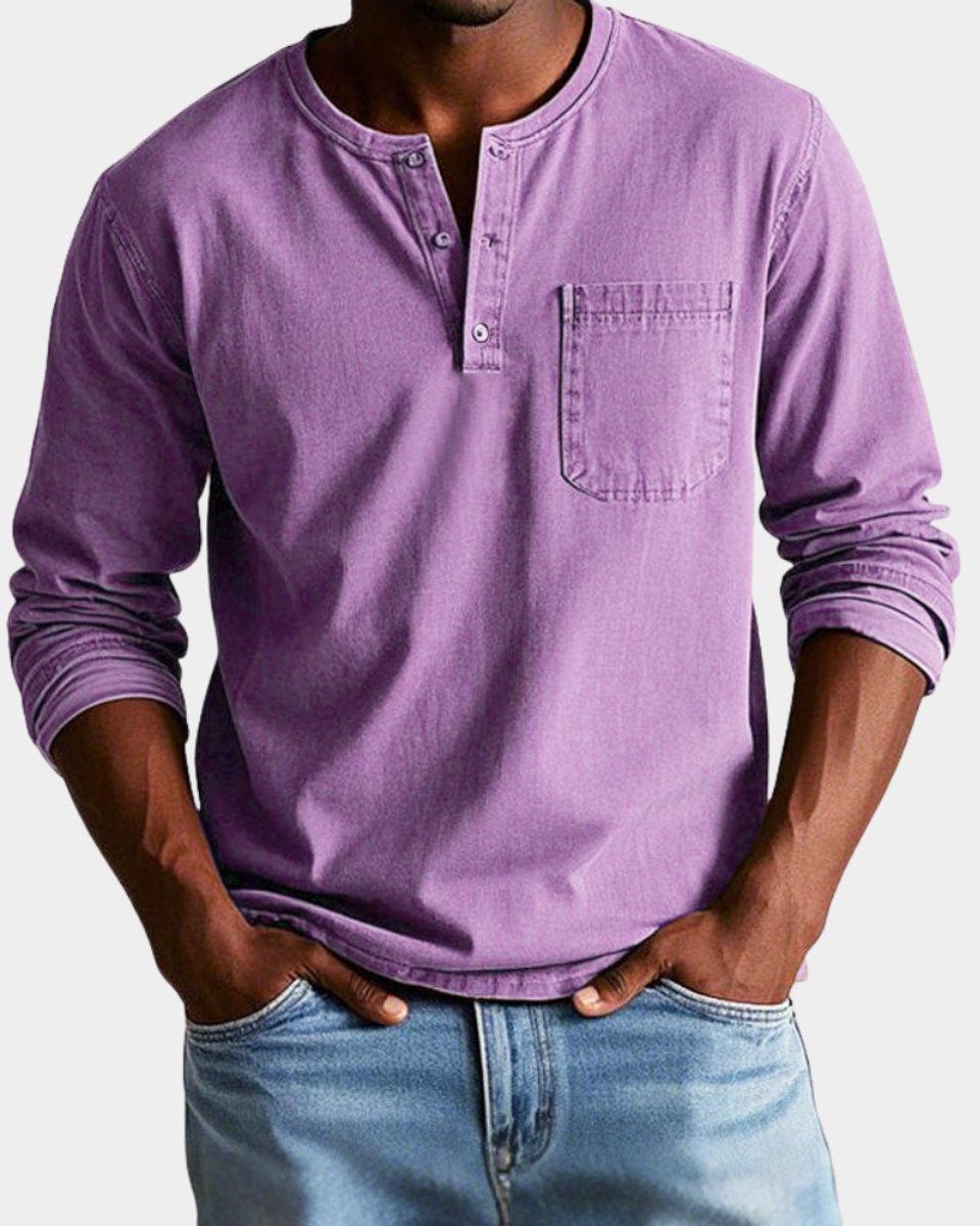 Heren Vintage Langarm Henley Shirt met Borstzak - Paars