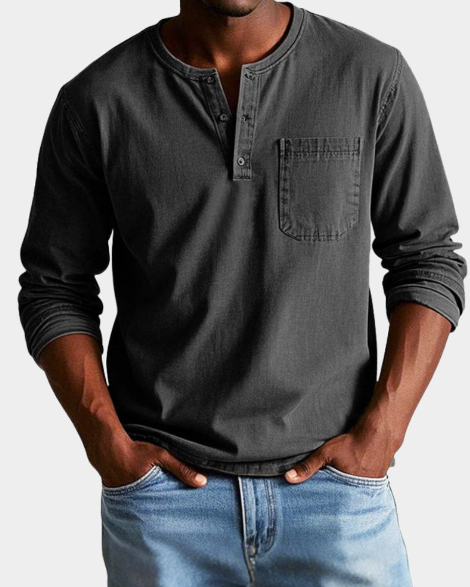 Heren Vintage Langarm Henley Shirt met Borstzak - Zwart