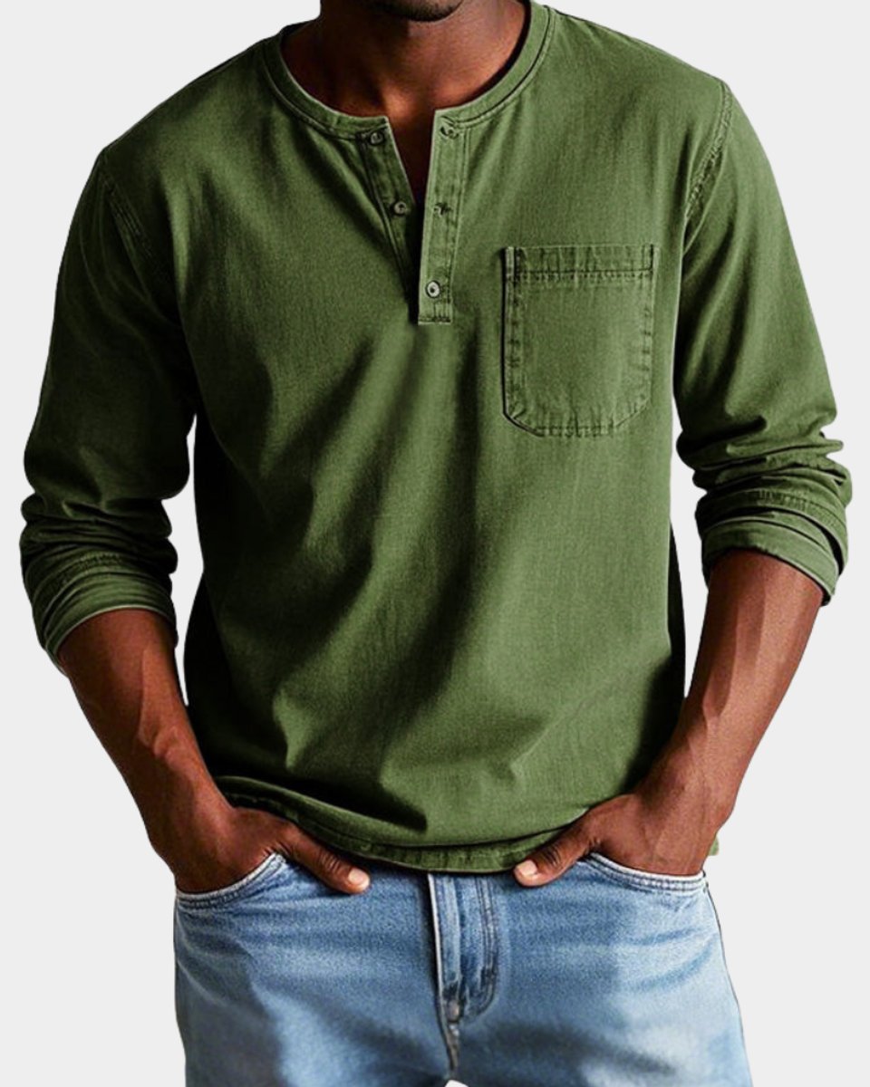 Heren Vintage Langarm Henley Shirt met Borstzak - Legergroen