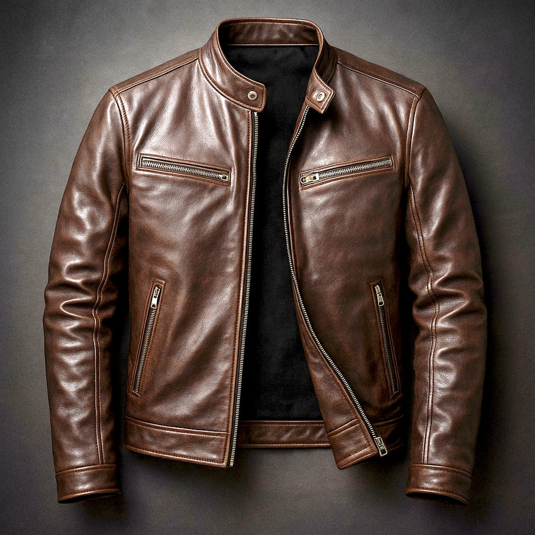 Heren Vintage Leren Biker Jacket Ritssluiting Vier Zakken - Sigarenbruin