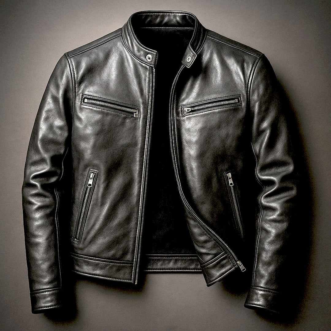 Heren Vintage Leren Biker Jacket Ritssluiting Vier Zakken - Biker Zwart
