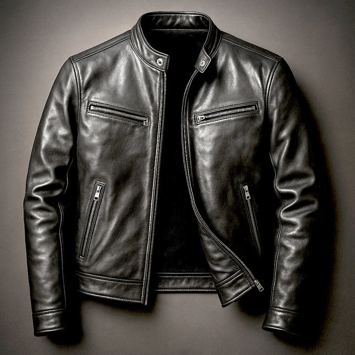 Heren Vintage Leren Biker Jacket Ritssluiting Vier Zakken - Biker Zwart