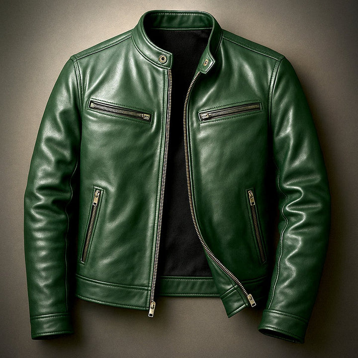 Heren Vintage Leren Biker Jacket Ritssluiting Vier Zakken - Dennengroen