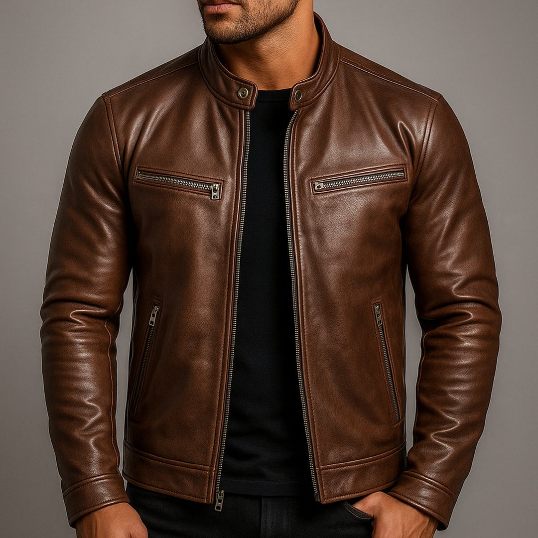Heren Vintage Leren Biker Jacket Ritssluiting Vier Zakken