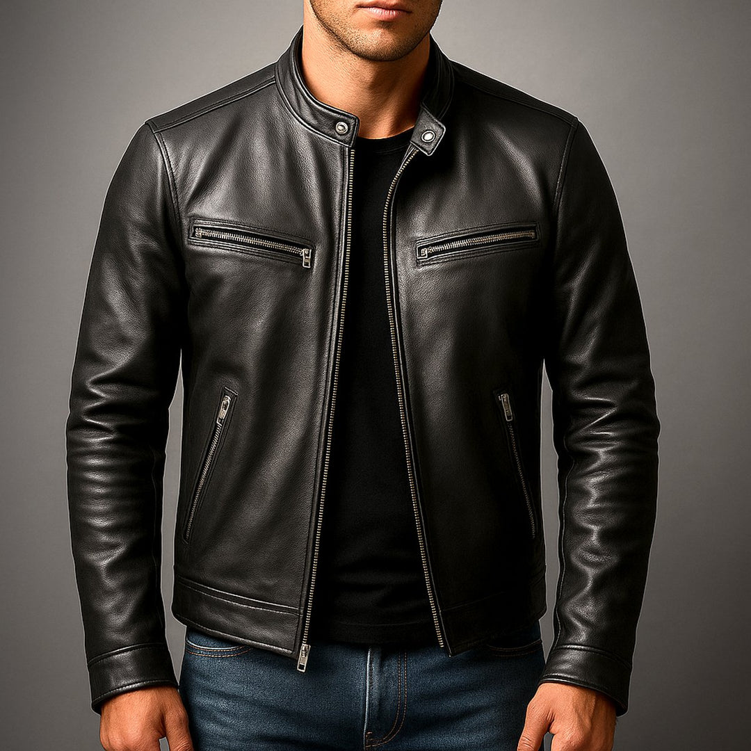 Heren Vintage Leren Biker Jacket Ritssluiting Vier Zakken