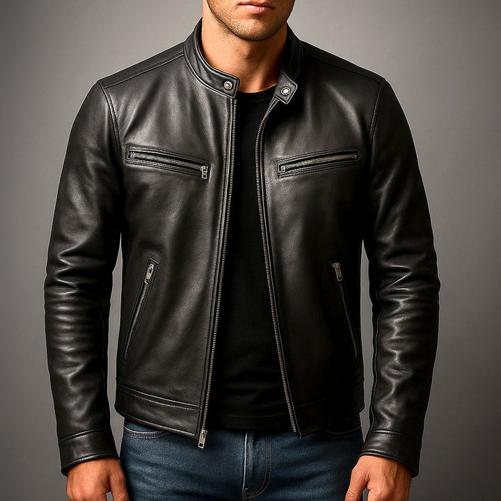 Heren Vintage Leren Biker Jacket Ritssluiting Vier Zakken