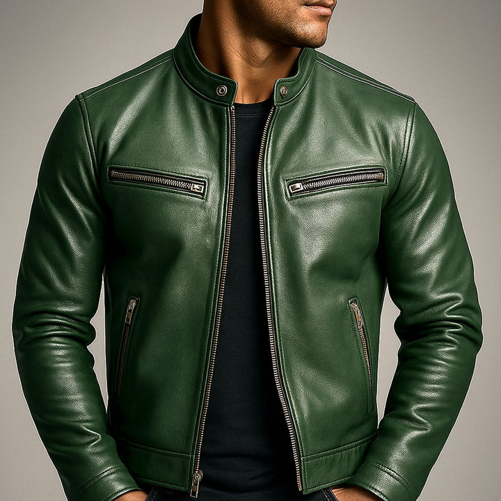 Heren Vintage Leren Biker Jacket Ritssluiting Vier Zakken