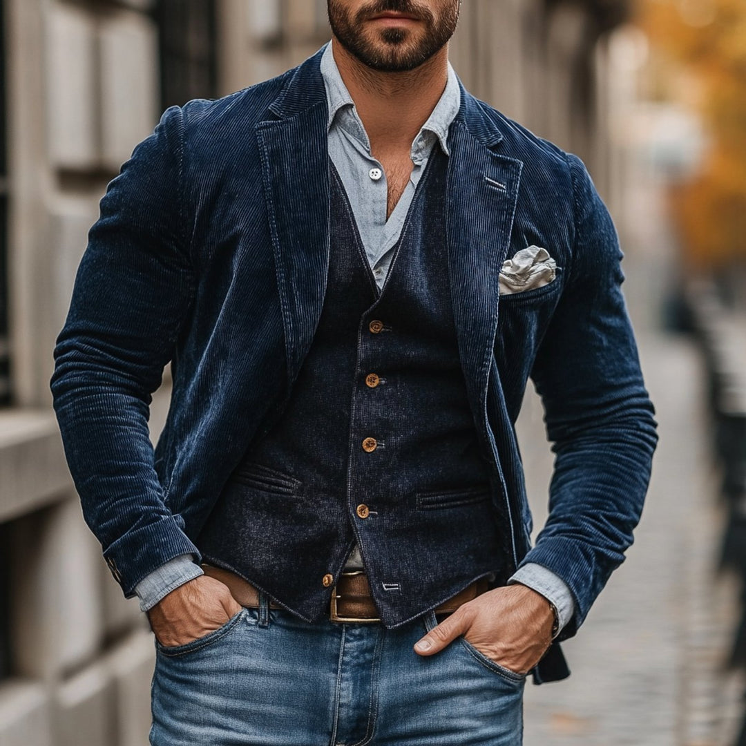 Heren Vintage Ribfluwelen Blazer mens gilet Set Donkerblauw - Donkerblauw