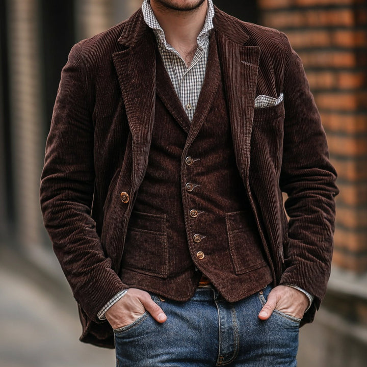 Heren Vintage Ribfluwelen Blazer mens gilet Set Donkerblauw - Bruin