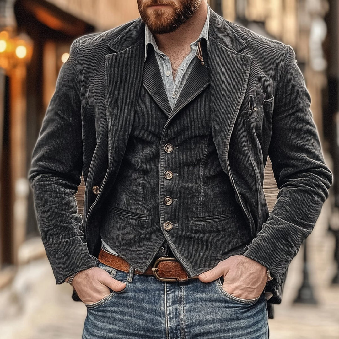 Heren Vintage Ribfluwelen Blazer mens gilet Set Donkerblauw - Zwart