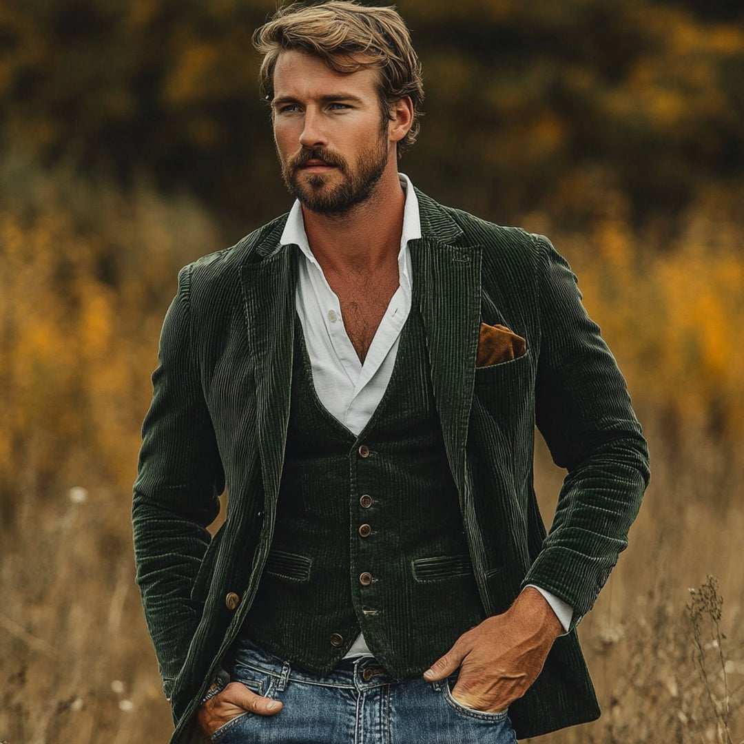 Heren Vintage Ribfluwelen Blazer mens gilet Set Donkerblauw - Groen