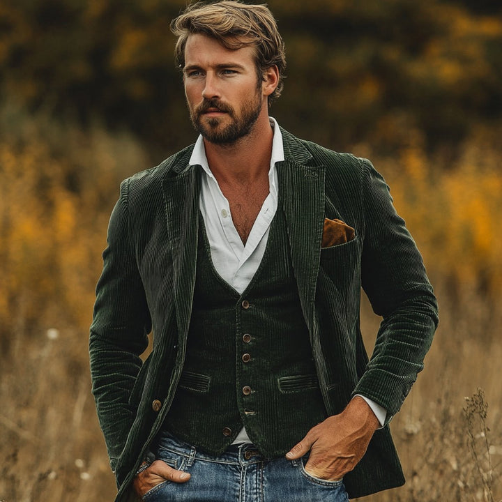 Heren Vintage Ribfluwelen Blazer mens gilet Set Donkerblauw - Groen