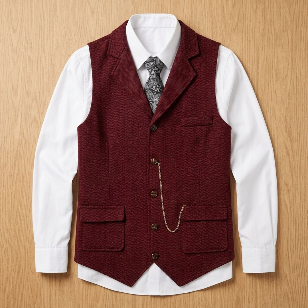 Heren Visgraat Gilet met Revers en Knoopsluiting - Bordeaux