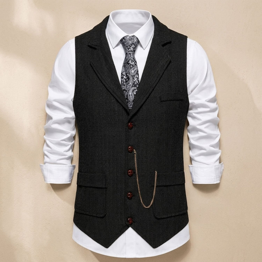 Heren Visgraat Gilet met Revers en Knoopsluiting - Zwart