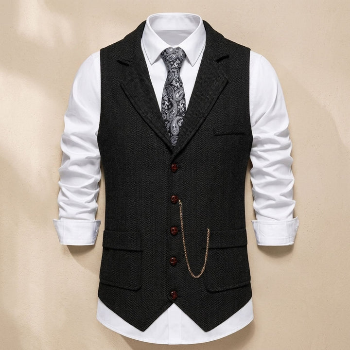 Heren Visgraat Gilet met Revers en Knoopsluiting - Zwart