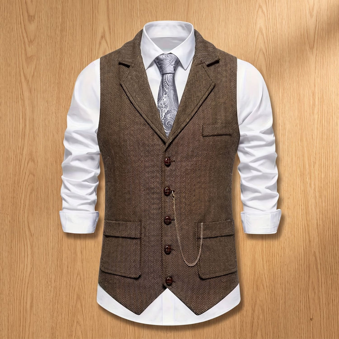 Heren Visgraat Gilet met Revers en Knoopsluiting - Bruin