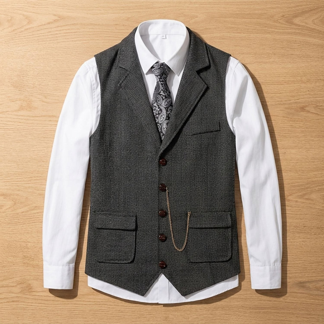 Heren Visgraat Gilet met Revers en Knoopsluiting