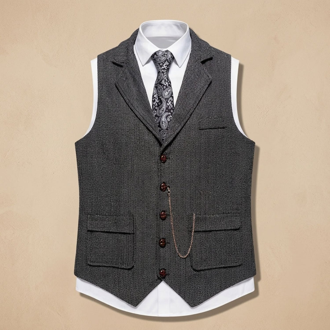 Heren Visgraat Gilet met Revers en Knoopsluiting - Donkergrijs