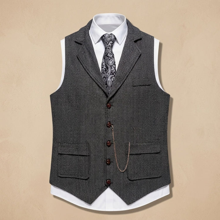 Heren Visgraat Gilet met Revers en Knoopsluiting - Donkergrijs