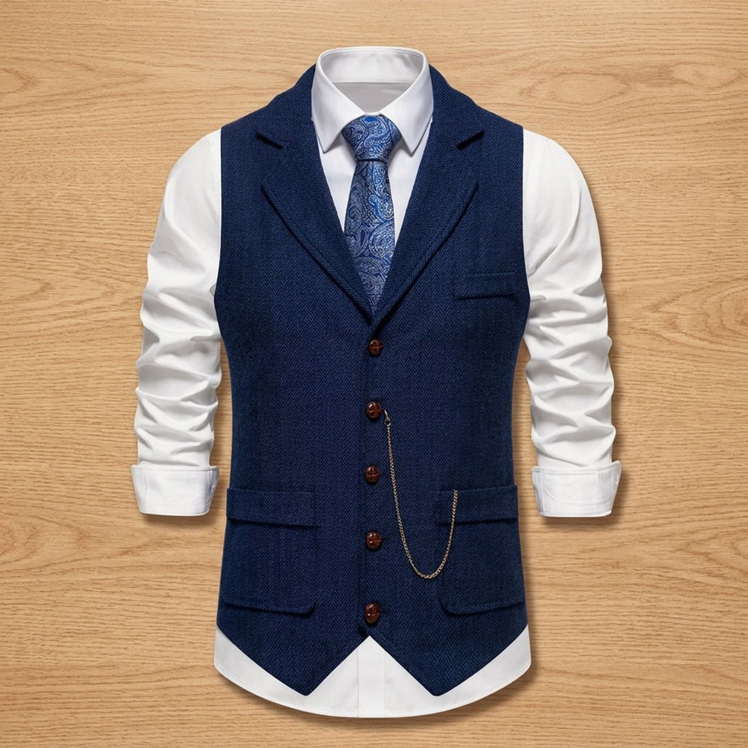 Heren Visgraat Gilet met Revers en Knoopsluiting - Marineblauw