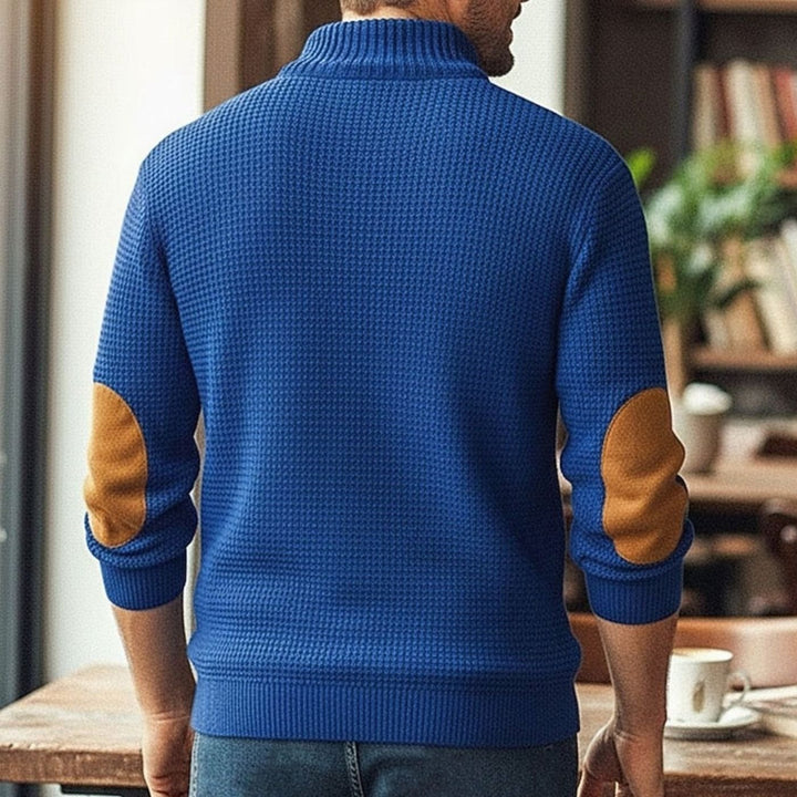 Heren Waffelgebreide Pullover met Knoopsluiting en Elleboogpatches