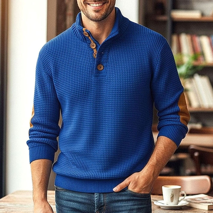 Heren Waffelgebreide Pullover met Knoopsluiting en Elleboogpatches - Koningsblauw