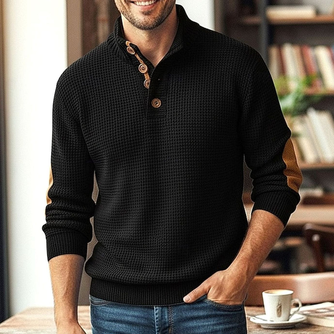 Heren Waffelgebreide Pullover met Knoopsluiting en Elleboogpatches - Zwart