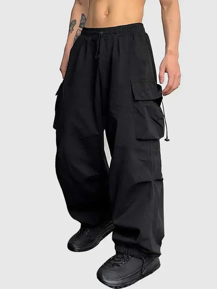 Heren Wijde Pijpen Cargo Broek Verstelbare Trekkoord Taille - Black