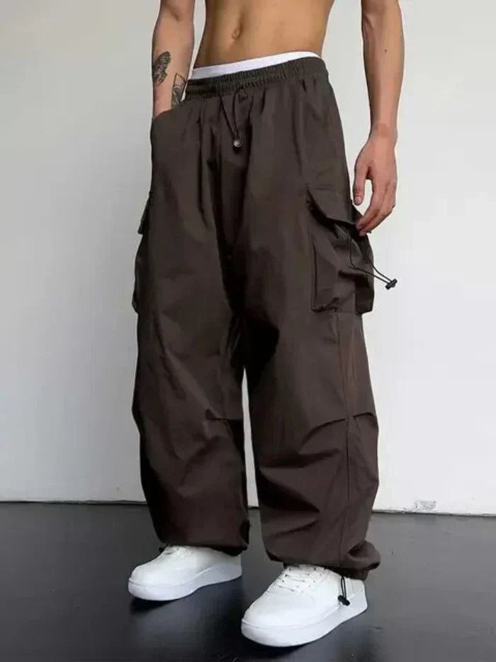Heren Wijde Pijpen Cargo Broek Verstelbare Trekkoord Taille - Dark Brown
